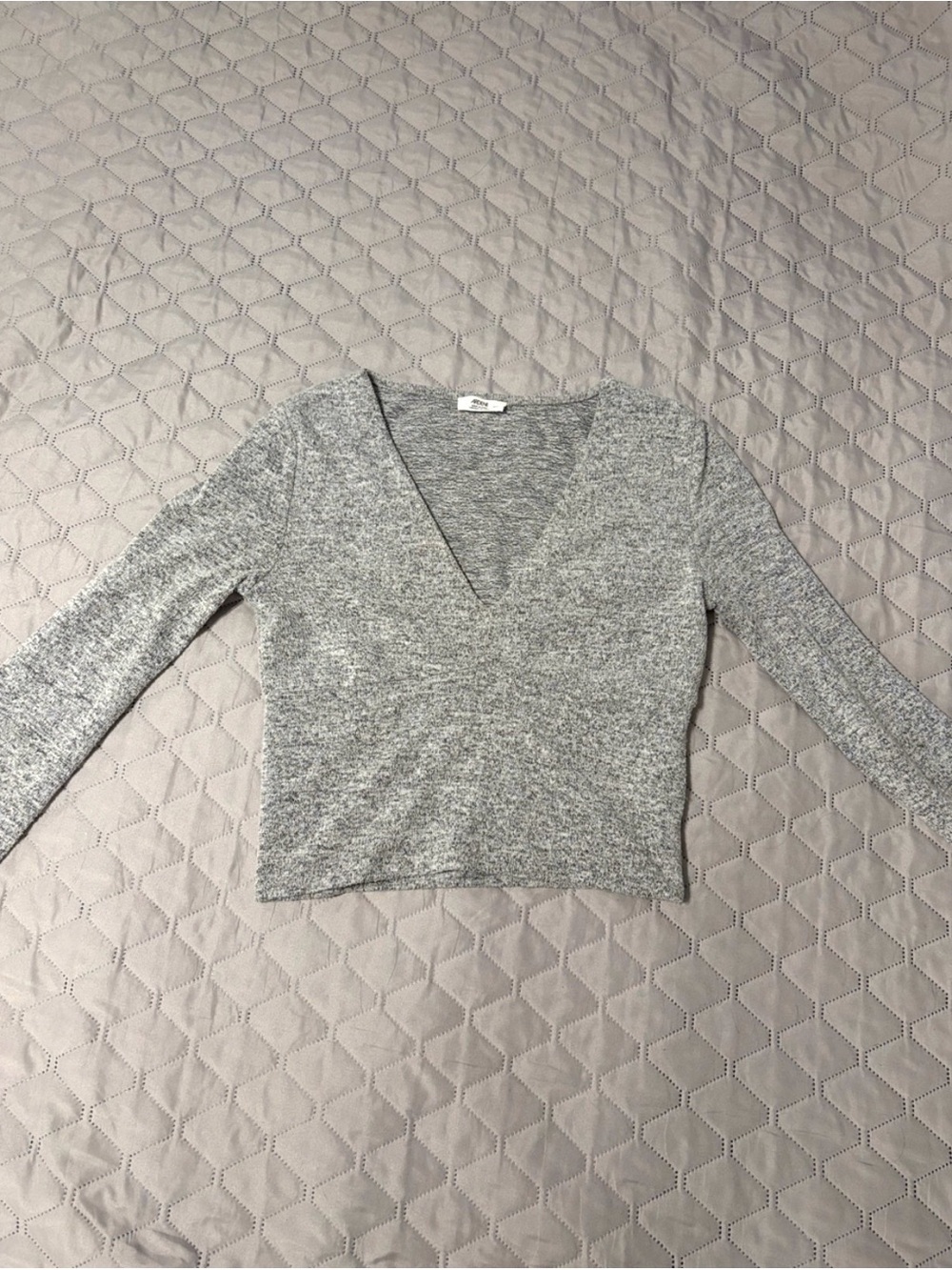 ARDENE Heather Gray Long Sleeve Deep V-Neck Cropped Top